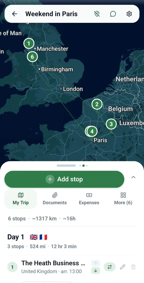 A trip planned on the map in the Plan Your Road Trips app