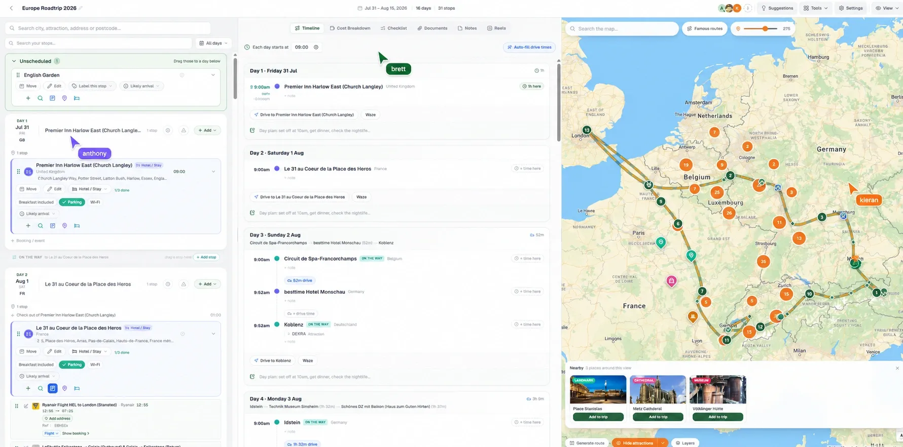 Three people planning a Europe road trip together in real time, with live collaborator cursors labelled brett, anthony and kieran across the itinerary and the map