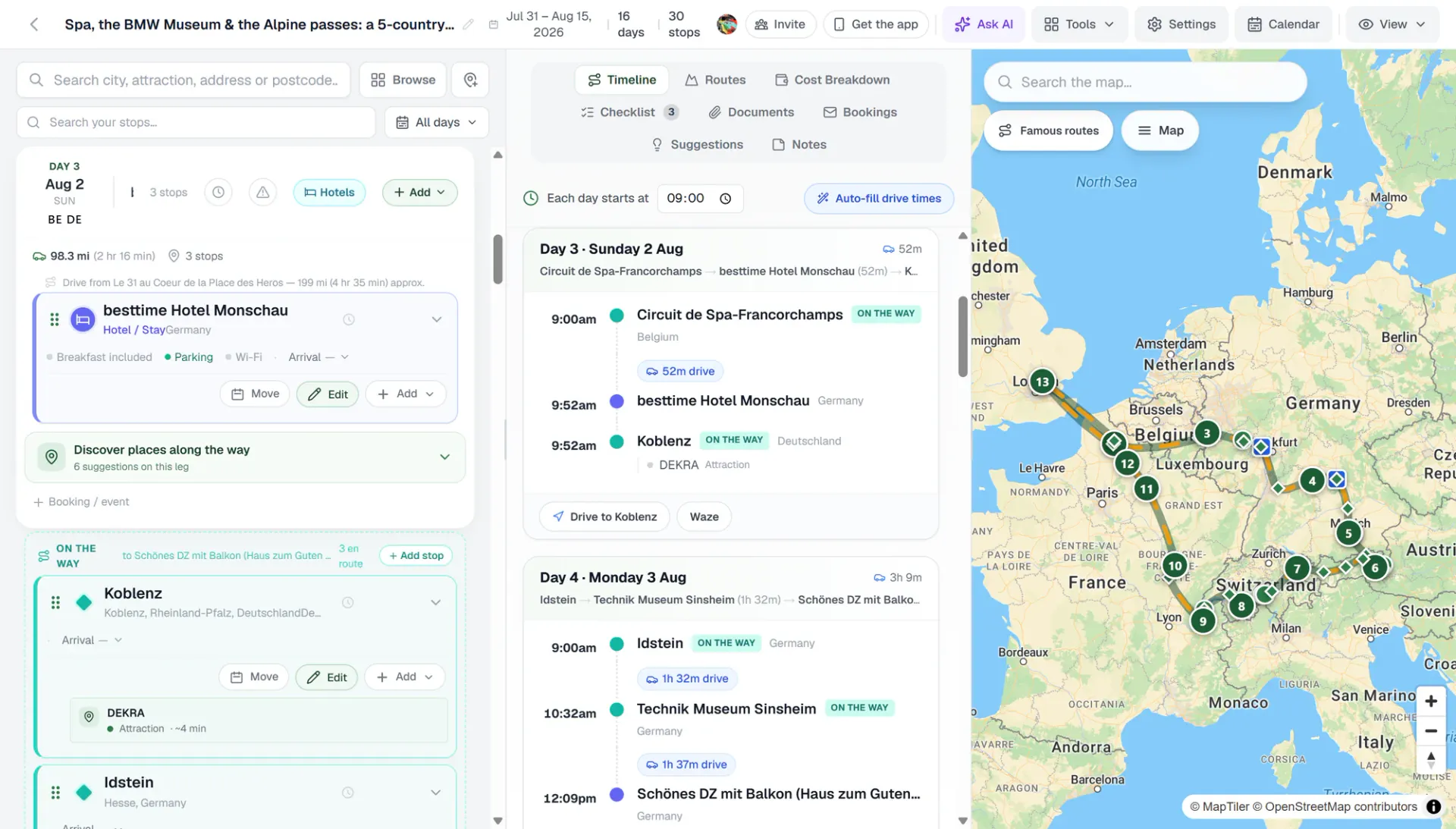 The trip planner: a European road trip broken into days, with drive times between stops and the route drawn on the map