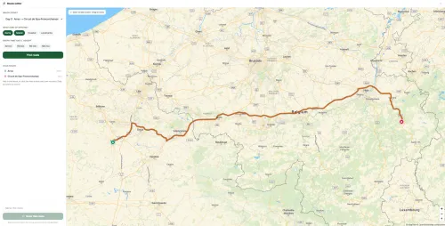 The route on a map, with drive times between stops