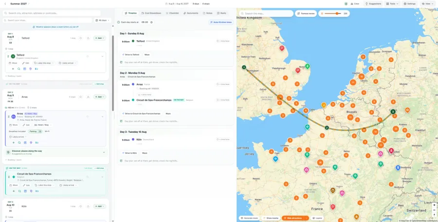 The trip planner, with stops laid out across days